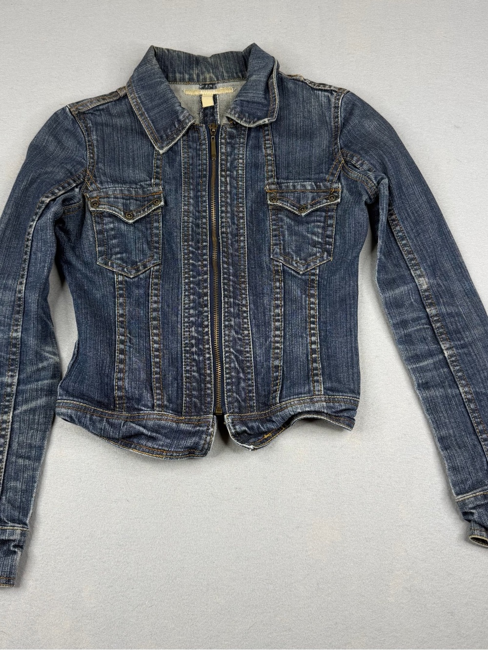 Eleven Y2K Fitted Zip Front Stretch Denim Jacket Blue Small Western